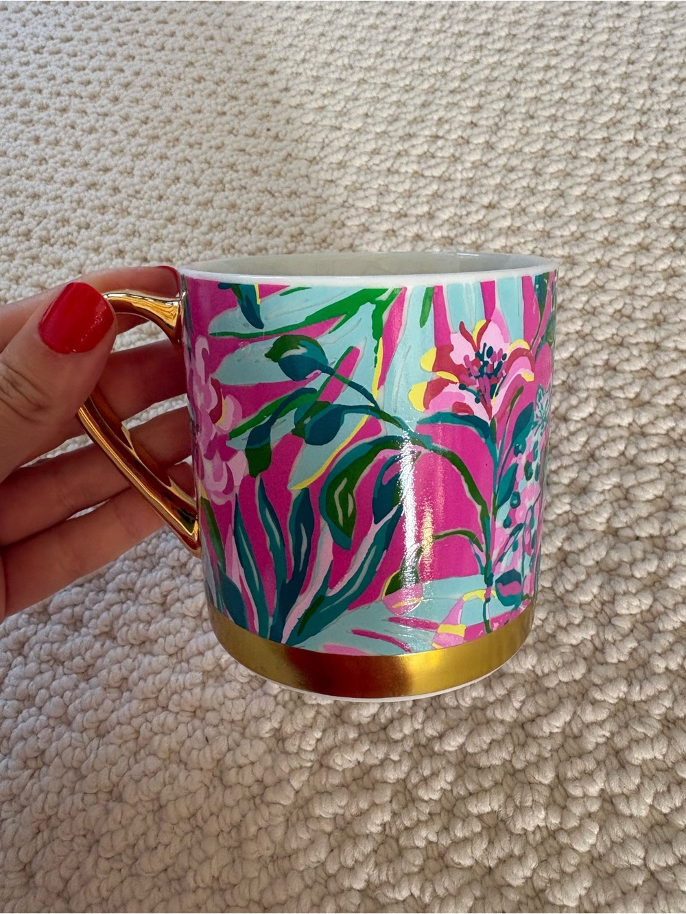 Lilly Pulitzer Vibrant Pink Floral Ceramic Mug with Gold Handle